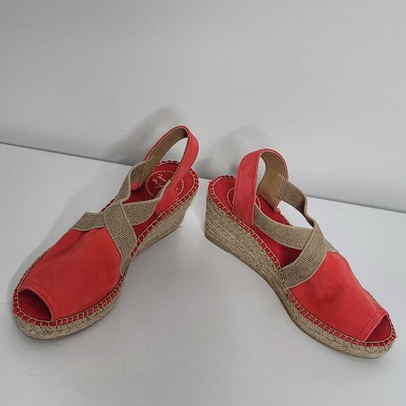Toni Pons Origens Sandals US 5 Red Suede Tan Trim Wedge Espadrilles EU 35